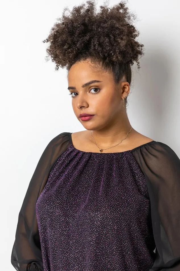 Women Pink Curve Glitter Pleat Detail Top Roman Tops