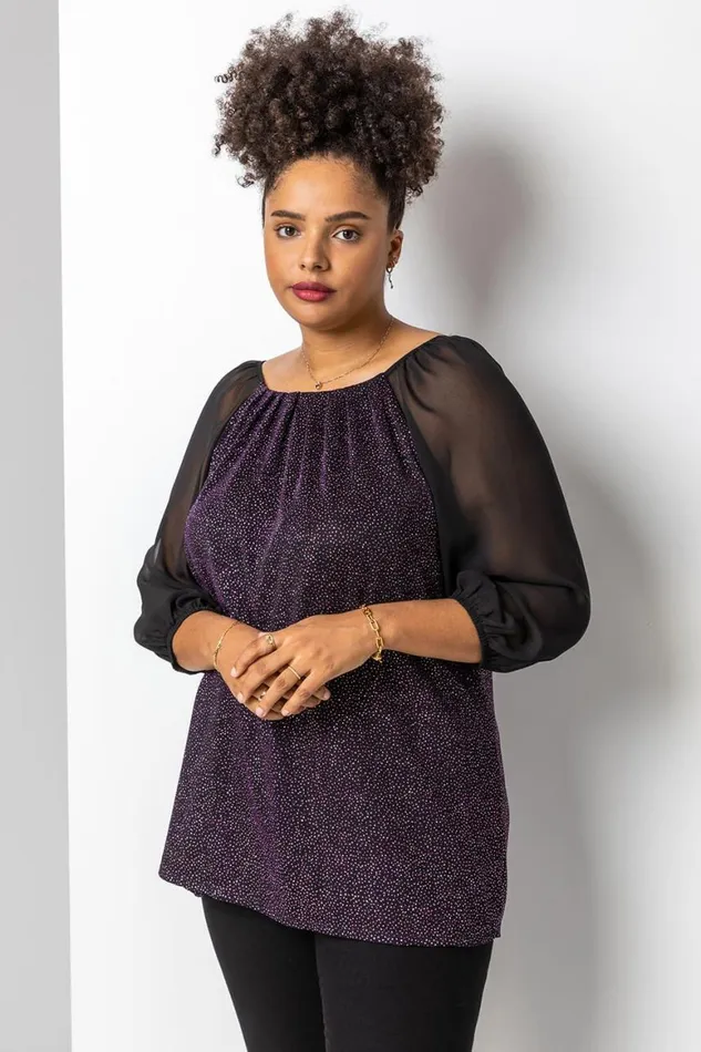 Women Pink Curve Glitter Pleat Detail Top Roman Tops