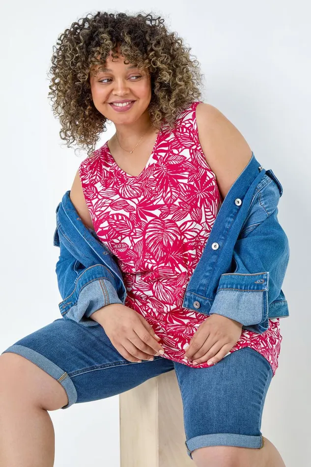 Women Pink Curve Leaf Print VNeck Stretch Vest Top Roman Tops