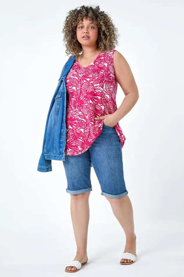 Women Pink Curve Leaf Print VNeck Stretch Vest Top Roman Tops