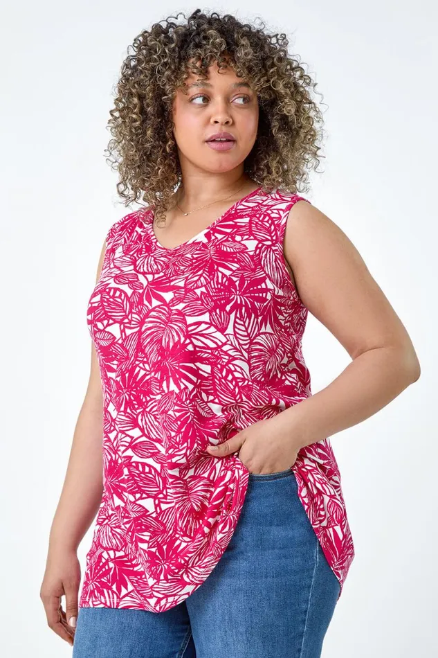 Women Pink Curve Leaf Print VNeck Stretch Vest Top Roman Tops