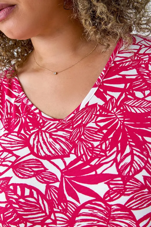 Women Pink Curve Leaf Print VNeck Stretch Vest Top Roman Tops