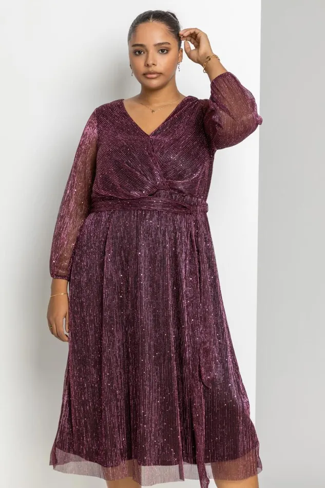 Women Pink Curve Plisse Chiffon Wrap Midi Dress Roman Dresses