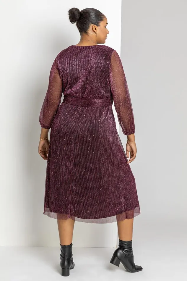 Women Pink Curve Plisse Chiffon Wrap Midi Dress Roman Dresses