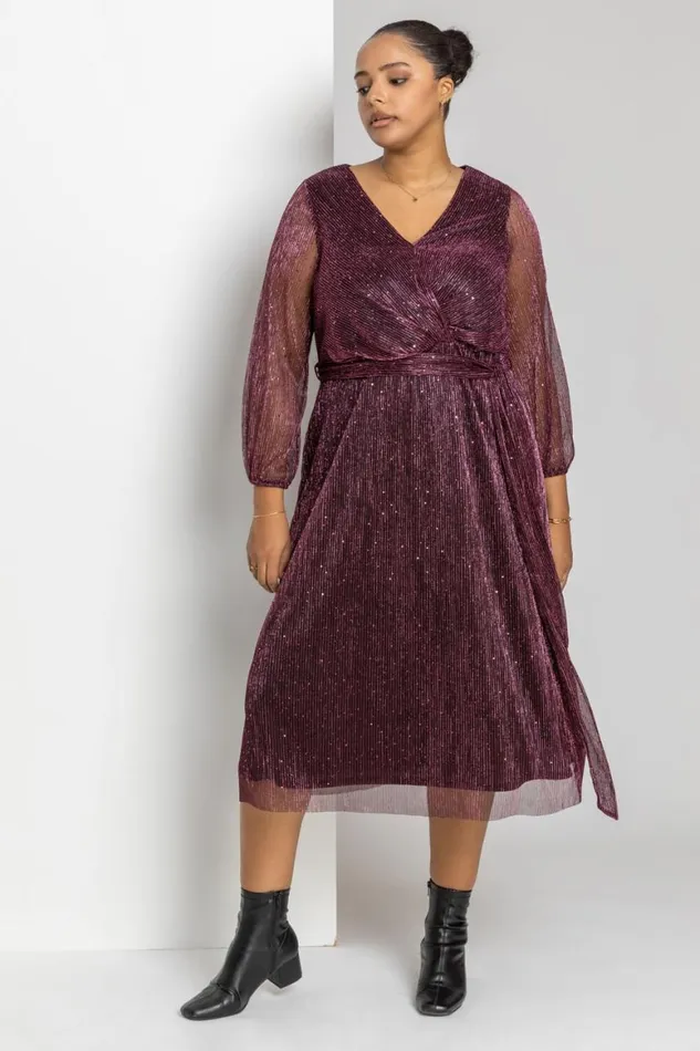 Women Pink Curve Plisse Chiffon Wrap Midi Dress Roman Dresses