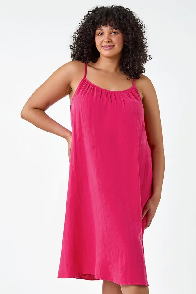 Women Pink Curve Strappy Cotton Pocket Dress Roman Dresses