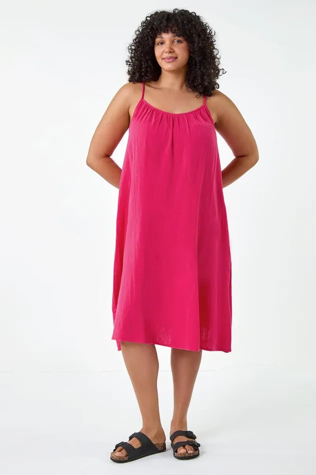 Women Pink Curve Strappy Cotton Pocket Dress Roman Dresses
