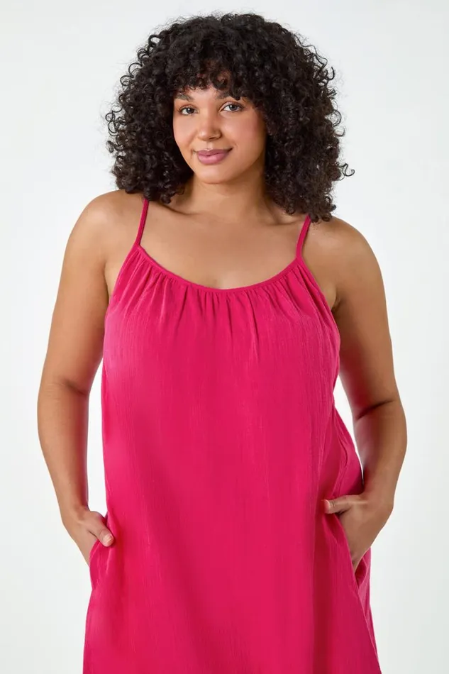 Women Pink Curve Strappy Cotton Pocket Dress Roman Dresses