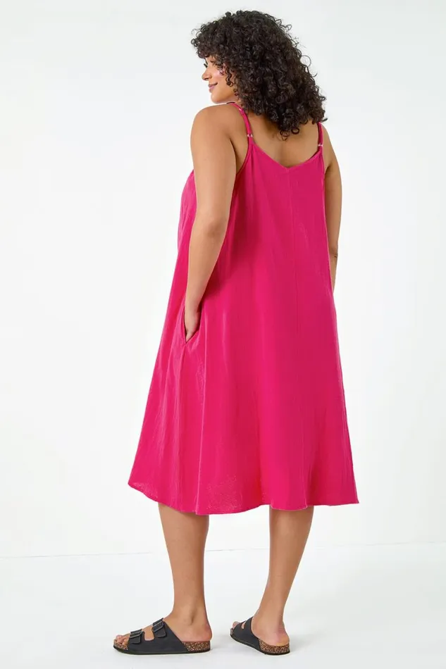 Women Pink Curve Strappy Cotton Pocket Dress Roman Dresses
