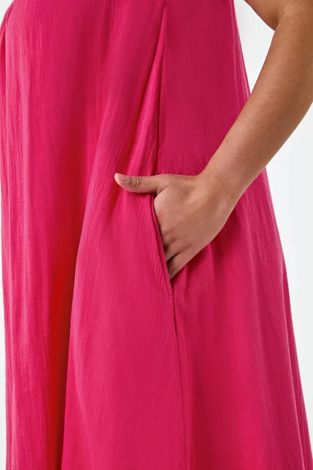 Women Pink Curve Strappy Cotton Pocket Dress Roman Dresses