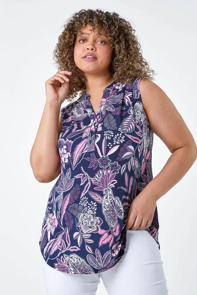 Women Pink Curve Textured Floral Print Stretch Top Roman Tops