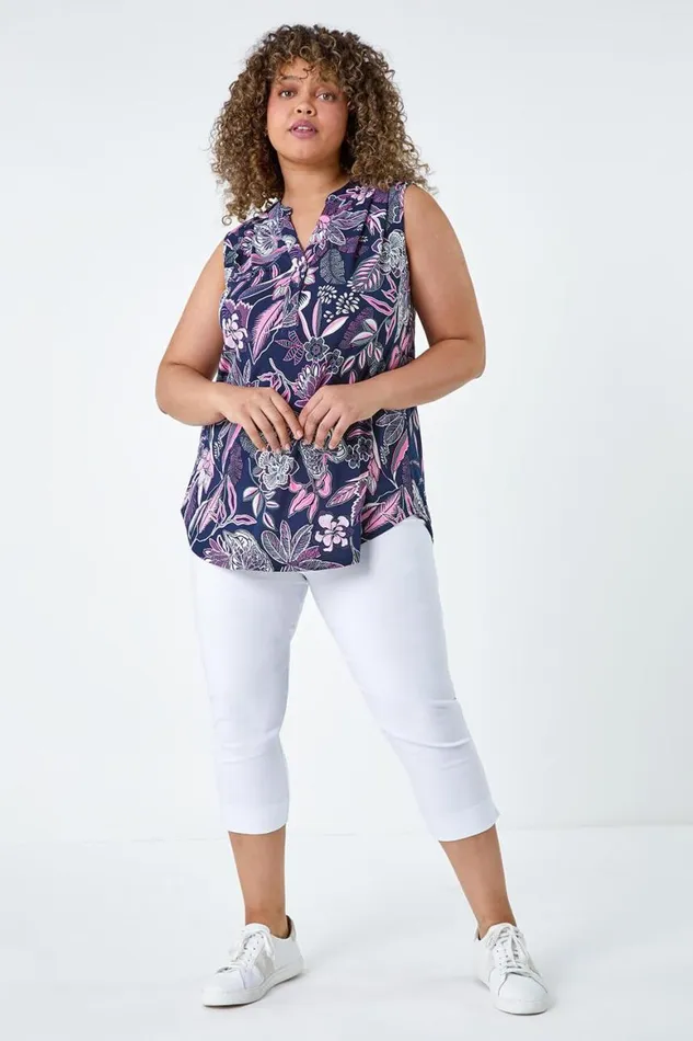 Women Pink Curve Textured Floral Print Stretch Top Roman Tops