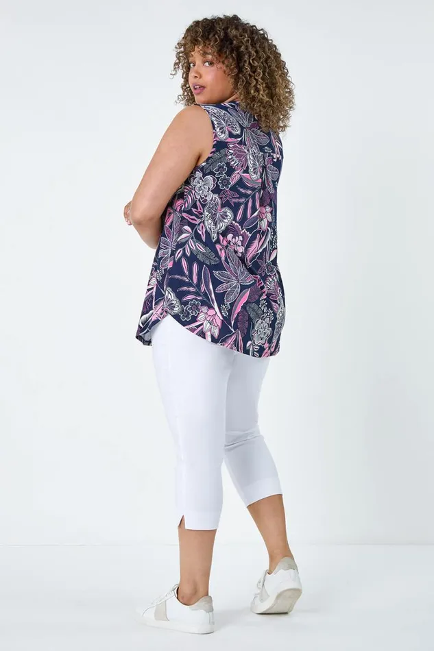 Women Pink Curve Textured Floral Print Stretch Top Roman Tops