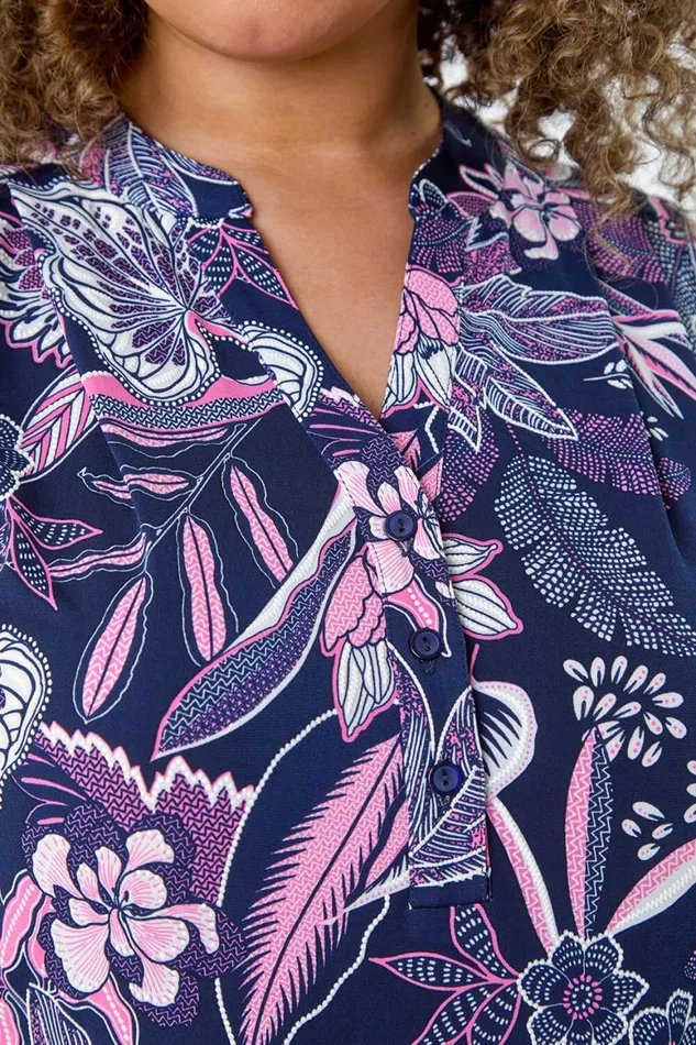 Women Pink Curve Textured Floral Print Stretch Top Roman Tops