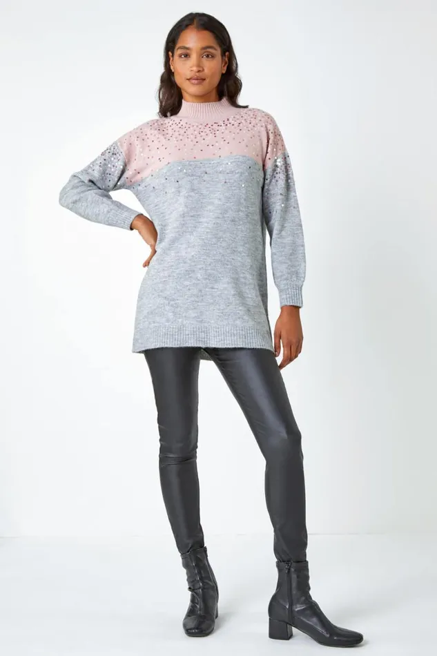 Women Pink Embellished Tunic Stretch Longline Jumper Roman Knitwear