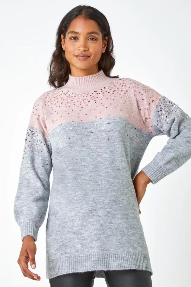 Women Pink Embellished Tunic Stretch Longline Jumper Roman Knitwear