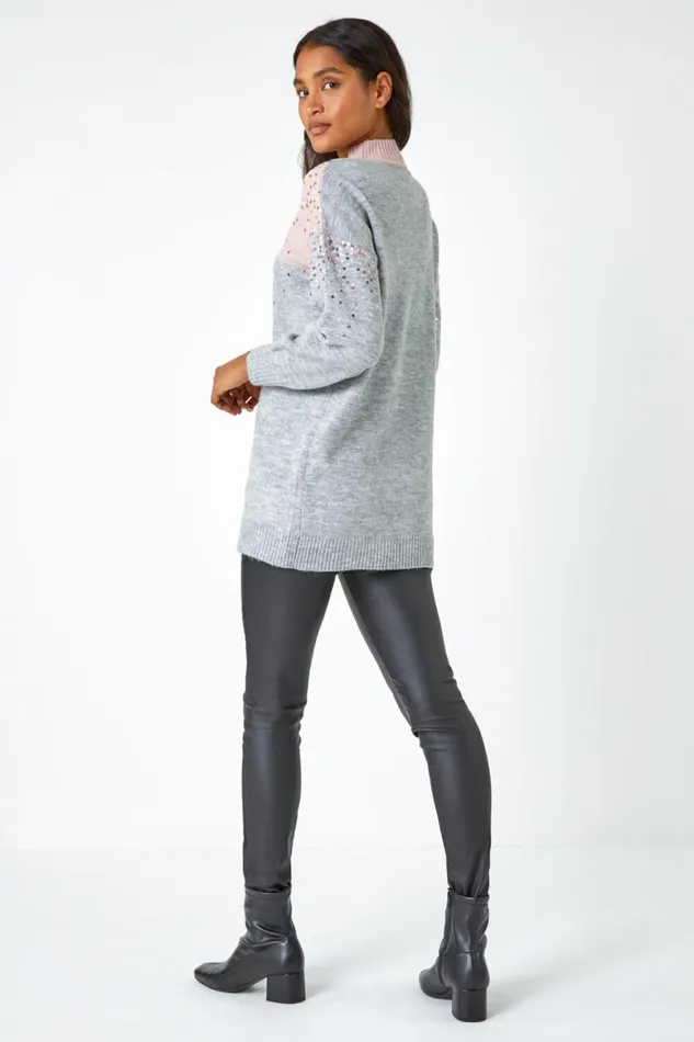 Women Pink Embellished Tunic Stretch Longline Jumper Roman Knitwear