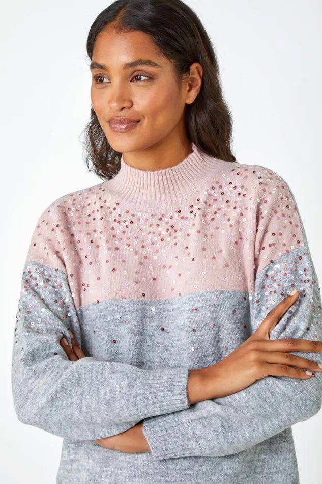Women Pink Embellished Tunic Stretch Longline Jumper Roman Knitwear