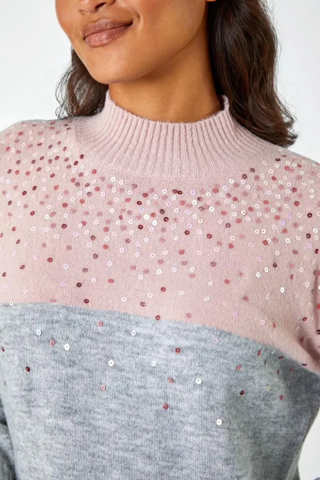 Women Pink Embellished Tunic Stretch Longline Jumper Roman Knitwear