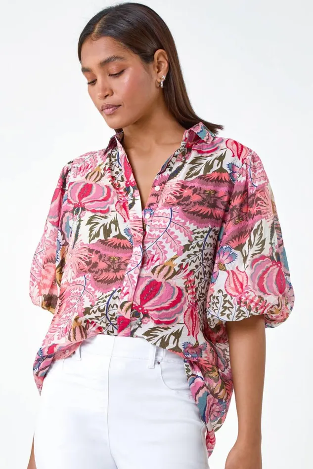 Women Pink Floral Leaf Print Puff Sleeve Shirt Roman Tops