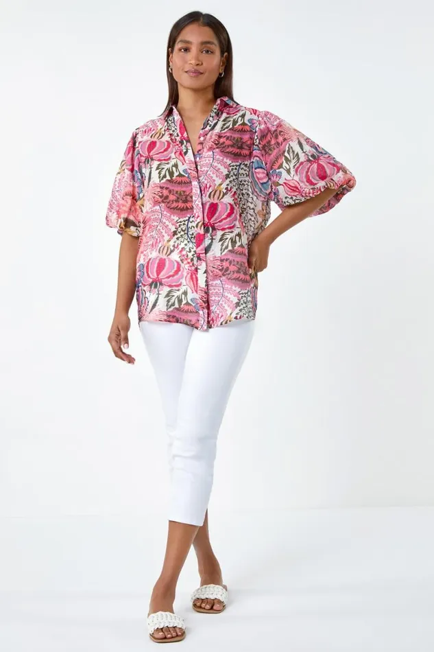 Women Pink Floral Leaf Print Puff Sleeve Shirt Roman Tops