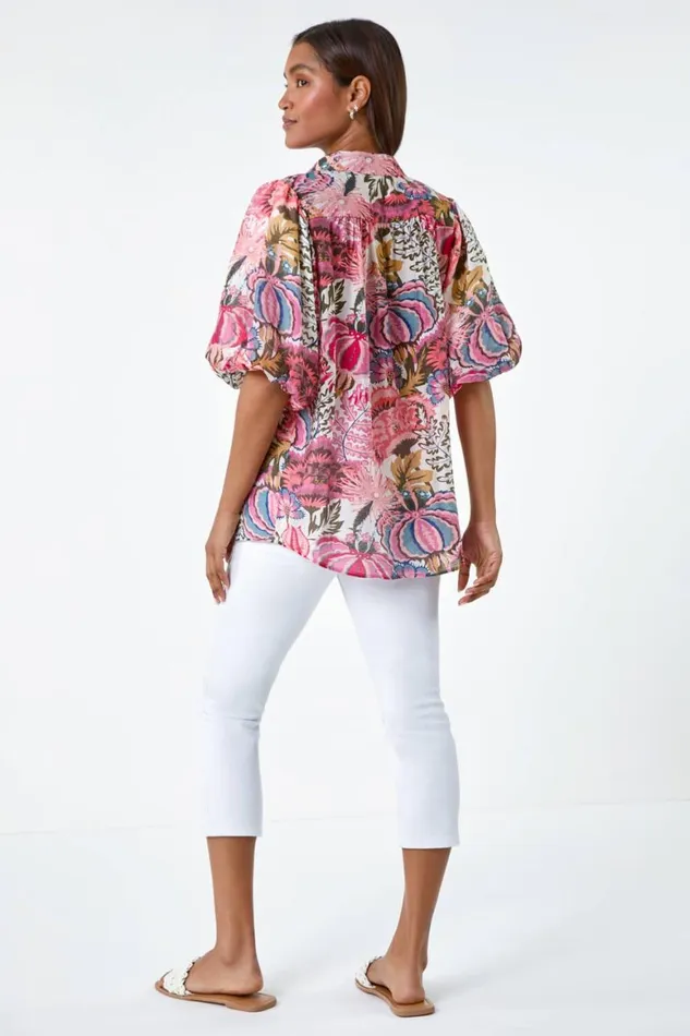 Women Pink Floral Leaf Print Puff Sleeve Shirt Roman Tops