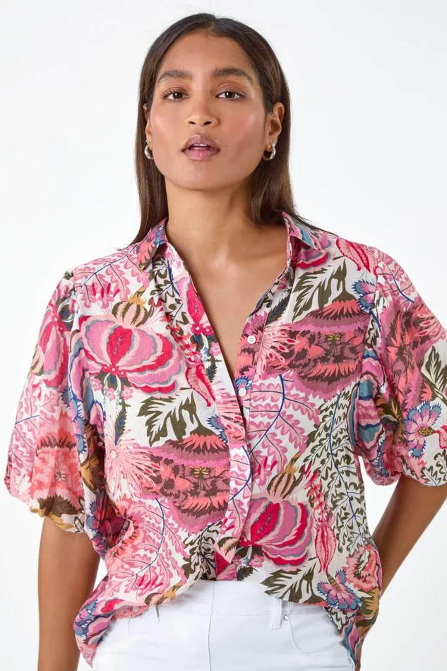 Women Pink Floral Leaf Print Puff Sleeve Shirt Roman Tops