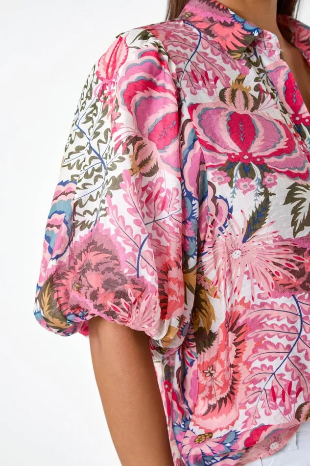 Women Pink Floral Leaf Print Puff Sleeve Shirt Roman Tops
