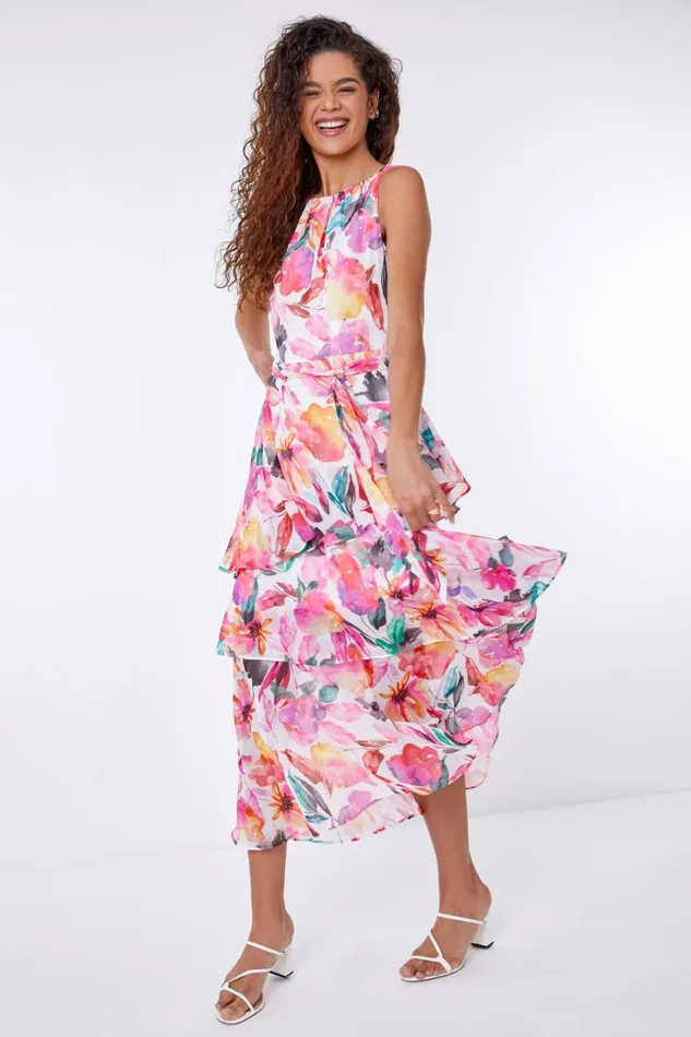 Women Pink Floral Print Chiffon Frill Midi Dress Roman Dresses