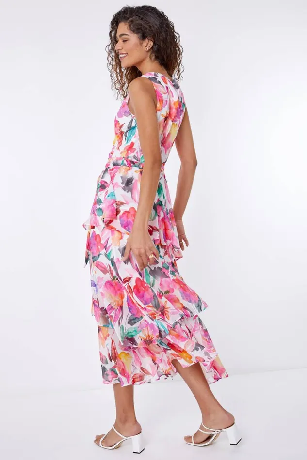 Women Pink Floral Print Chiffon Frill Midi Dress Roman Dresses