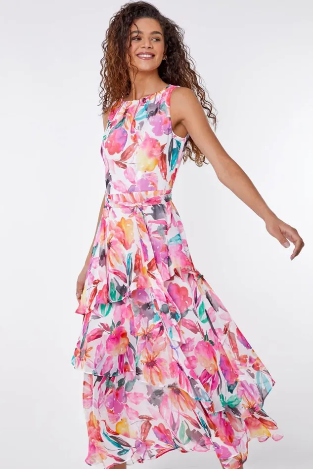 Women Pink Floral Print Chiffon Frill Midi Dress Roman Dresses
