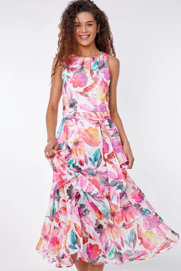 Women Pink Floral Print Chiffon Frill Midi Dress Roman Dresses