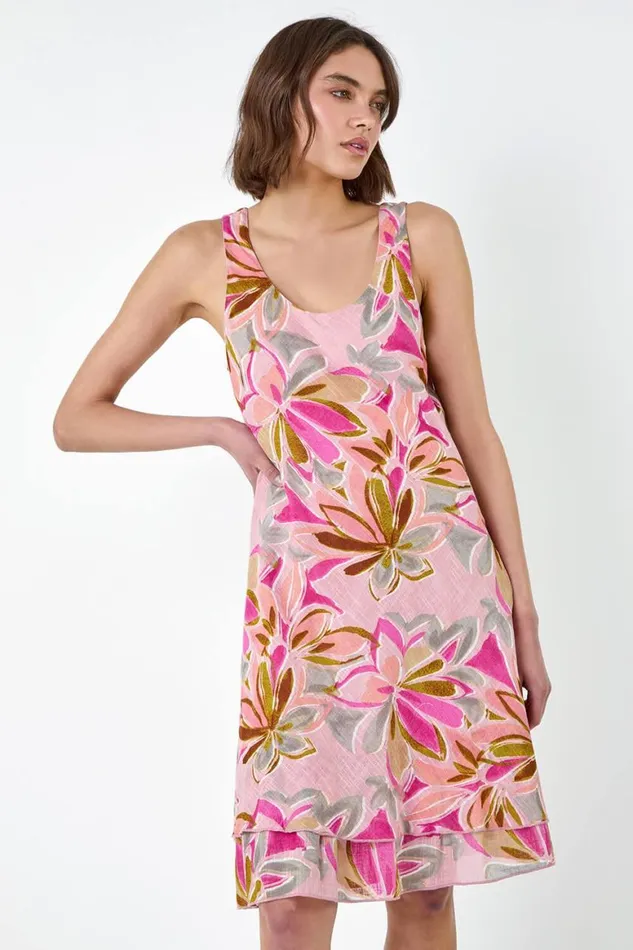 Women Pink Floral Print Cotton Layered Dress Roman Dresses