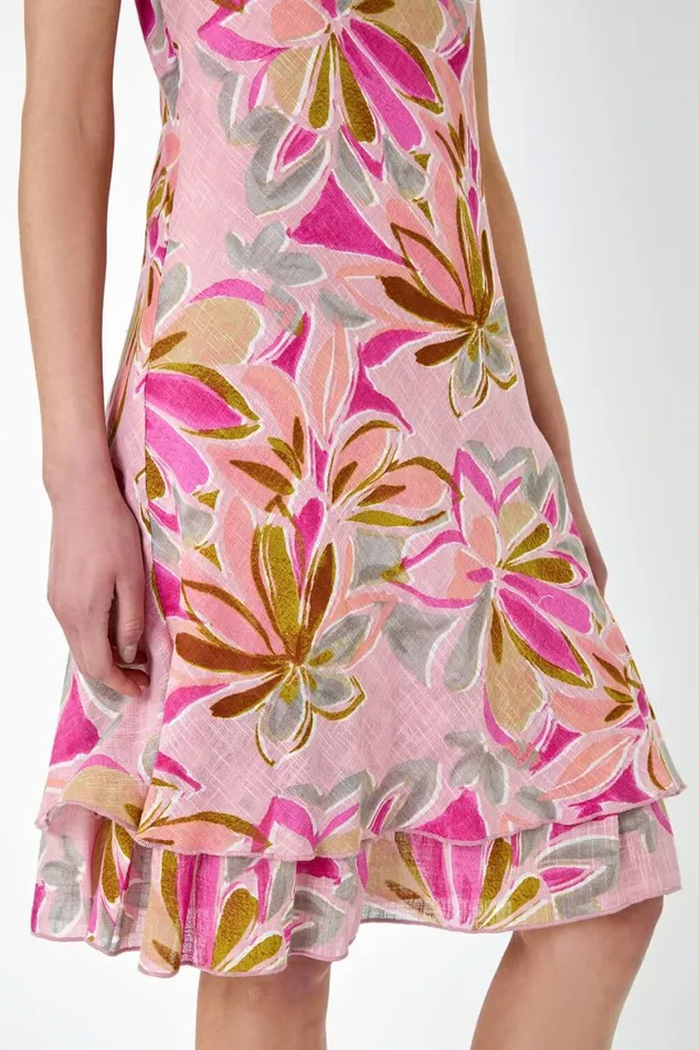 Women Pink Floral Print Cotton Layered Dress Roman Dresses