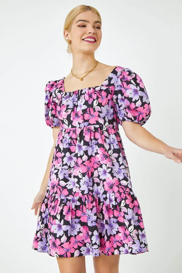 Women Pink Floral Print Shirred Smock Dress Roman Dresses