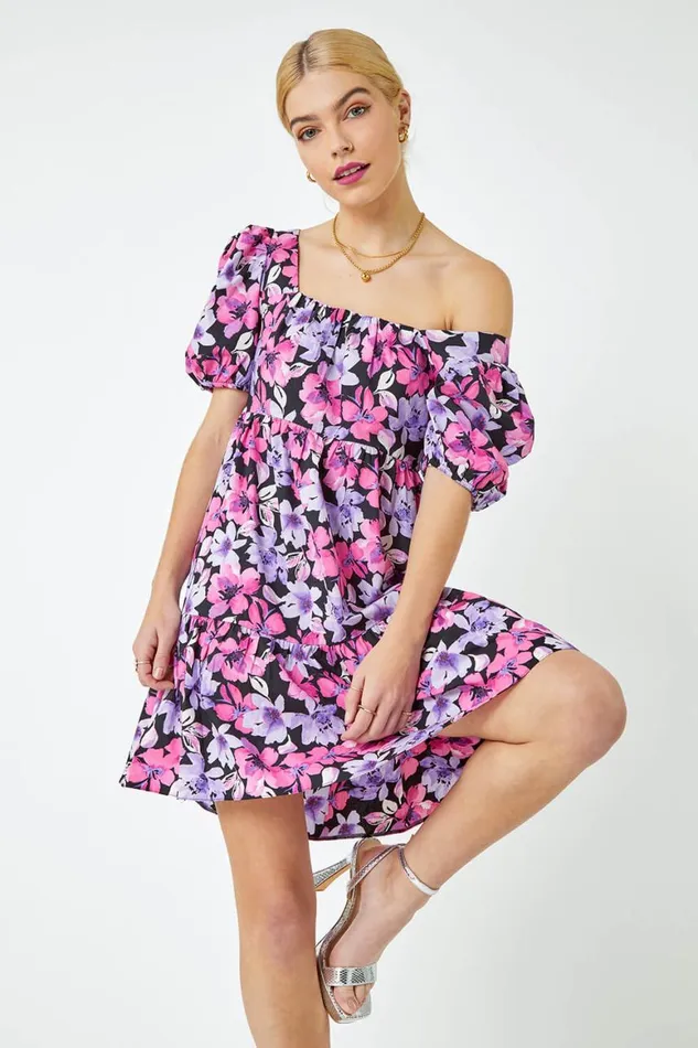 Women Pink Floral Print Shirred Smock Dress Roman Dresses
