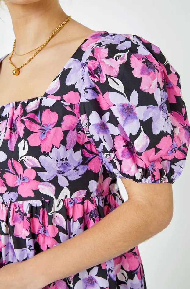 Women Pink Floral Print Shirred Smock Dress Roman Dresses