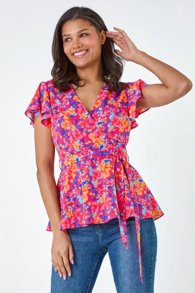 Women Pink Floral Print VNeck Frill Detail Top Roman Tops
