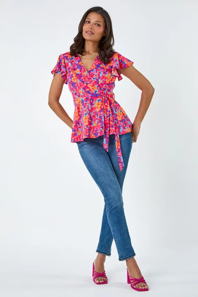 Women Pink Floral Print VNeck Frill Detail Top Roman Tops