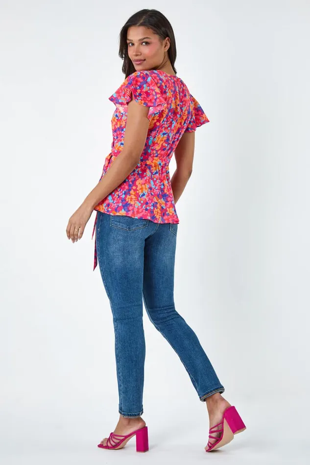 Women Pink Floral Print VNeck Frill Detail Top Roman Tops