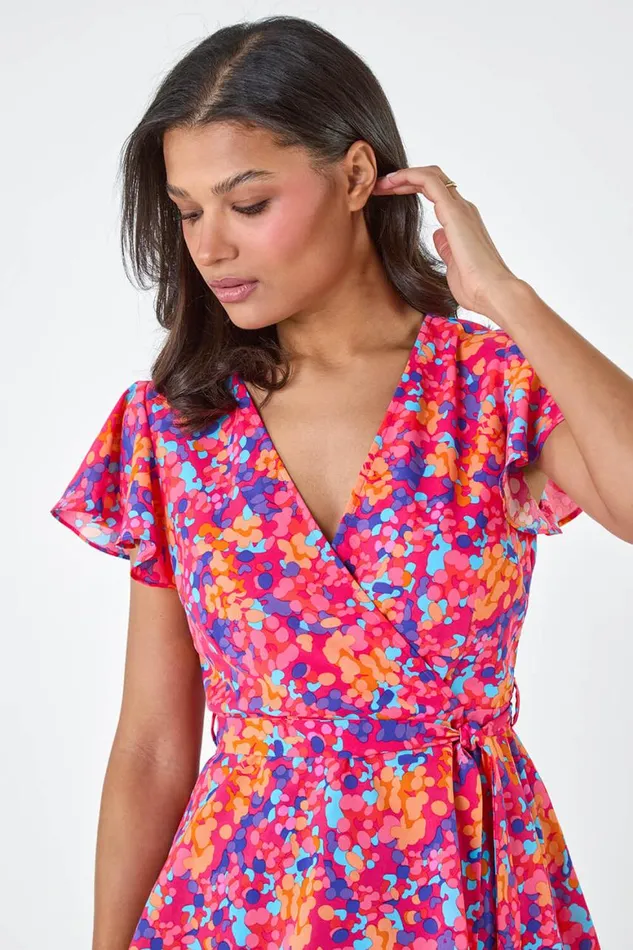 Women Pink Floral Print VNeck Frill Detail Top Roman Tops