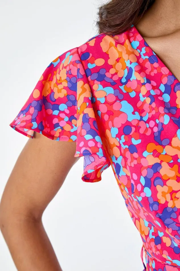 Women Pink Floral Print VNeck Frill Detail Top Roman Tops
