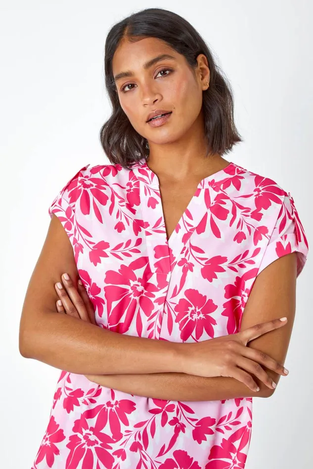 Women Pink Floral Print VNeck Pleat Front Top Roman Tops