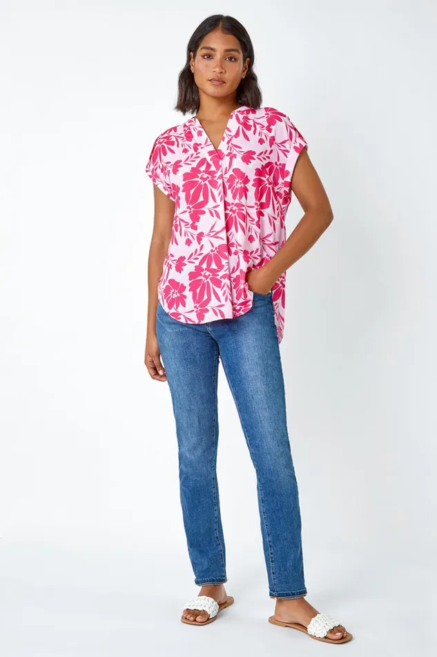 Women Pink Floral Print VNeck Pleat Front Top Roman Tops