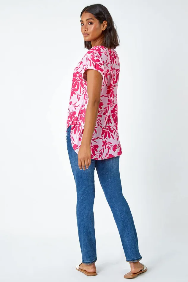 Women Pink Floral Print VNeck Pleat Front Top Roman Tops