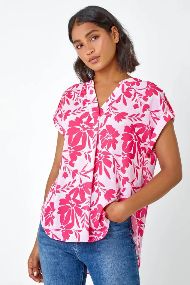 Women Pink Floral Print VNeck Pleat Front Top Roman Tops