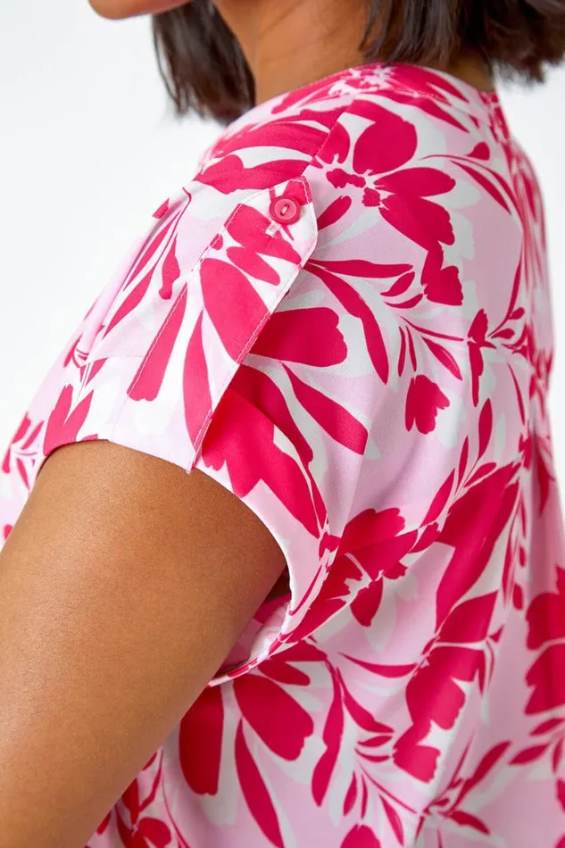 Women Pink Floral Print VNeck Pleat Front Top Roman Tops