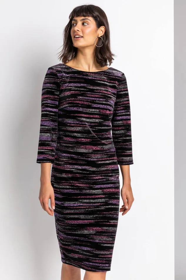 Women Pink Glitter Stripe Print Velvet Dress Roman Dresses