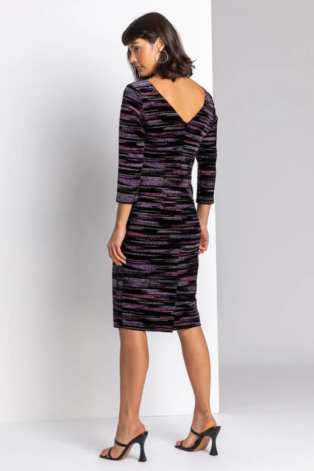 Women Pink Glitter Stripe Print Velvet Dress Roman Dresses