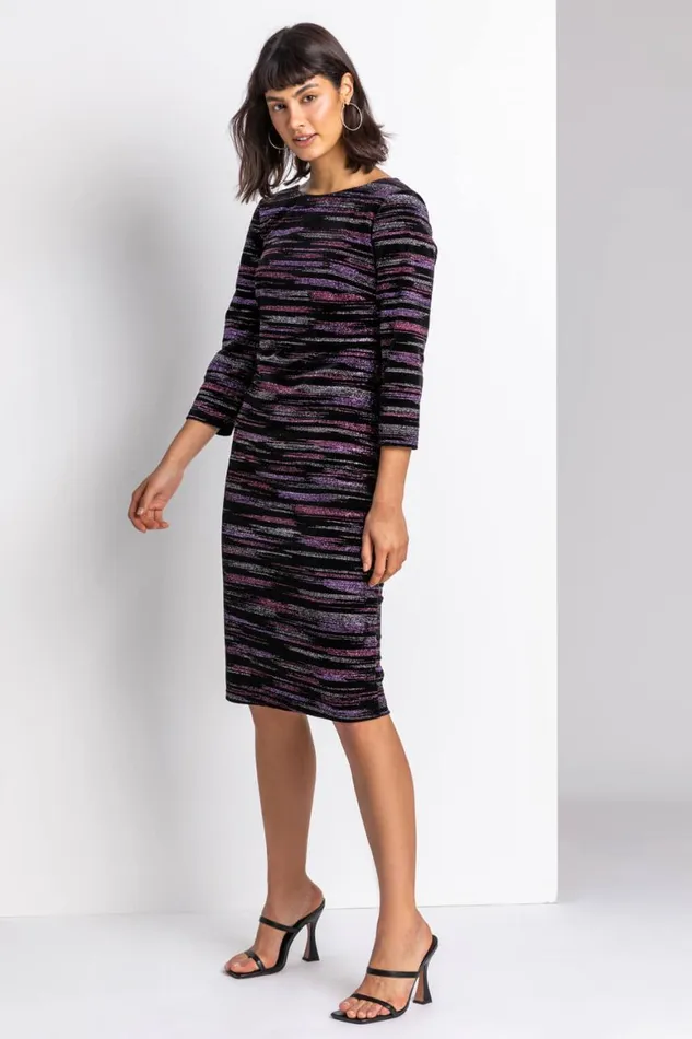 Women Pink Glitter Stripe Print Velvet Dress Roman Dresses